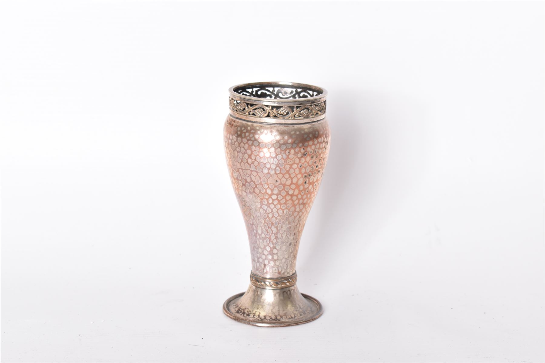 Arts & Crafts silver on copper vase, the body hammered finish, and pierced foliate rim, upon a circular foot, impressed 1729, in H15cm