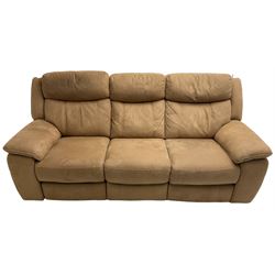 Electric reclining three-seat sofa (W213cm, H100cm) and matching armchair (W109cm) upholstered in brown fabric