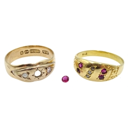 Early 20th century seven stone ruby and diamond ring, stamped 18ct and a Victorian 9ct gold three stone ruby and diamond gypsy ring, makers mark J.G, Birmingham 1896  