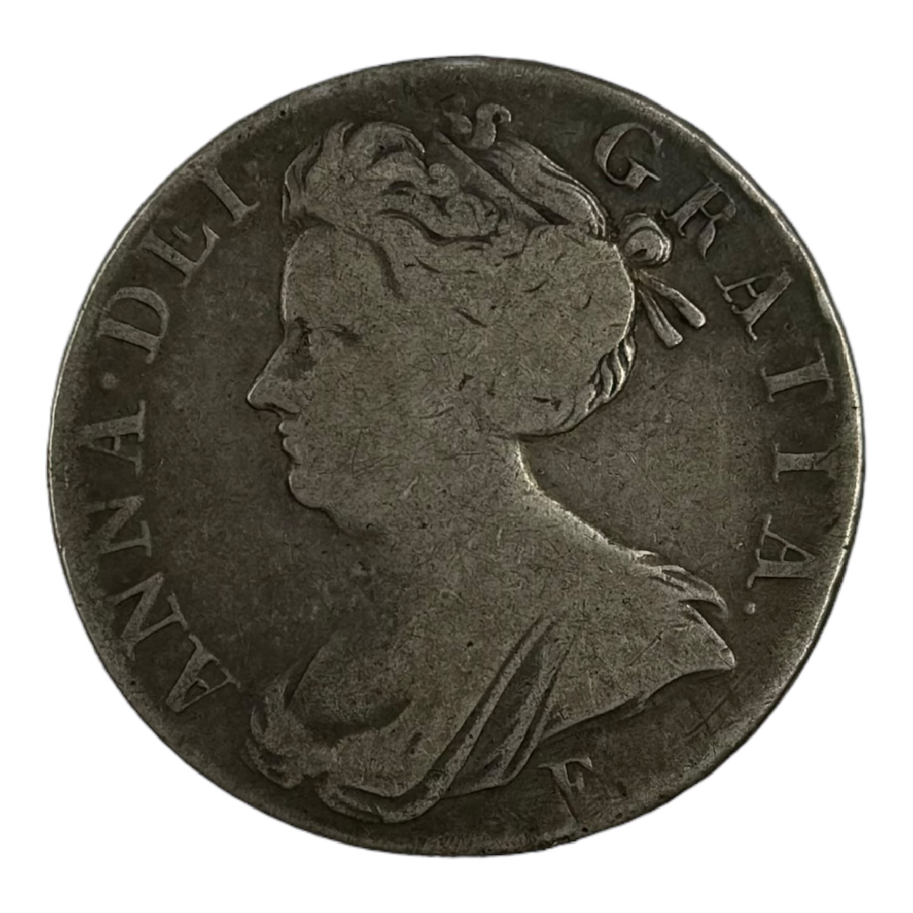 Queen Anne 1707 silver crown coin, E below bust