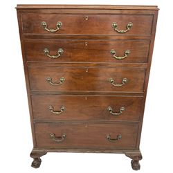 Early 20th century Georgian design chest, fitted with five graduating cock-beaded drawers, lower moulded edge over ogee supports with ball and claw feet