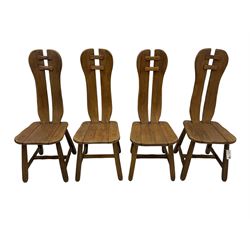 Attributed to De Puydt - set of four mid-century Brutalist oak dining chairs, twin slat back united by pegs, on square tapering supports united by H-stretcher 