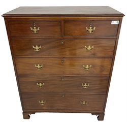 George III mahogany straight-front chest, rectangular top with reed moulded edge, fitted with two short over four long graduating cock-beaded drawers, on bracket feet