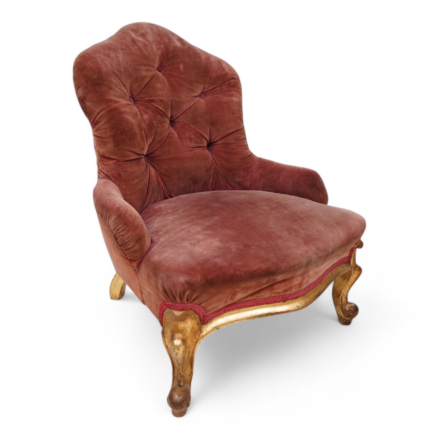 19th century gilt hardwood and wrought metal-framed nursing chair, shaped cresting and upholstered in buttoned fabric, on cabriole feet (W56cm, H74cm); 20th century stained beech French design fauteuil armchair, upholstered in green floral pattern silk fabric, on cabriole supports (W57cm, H87cm) (2)