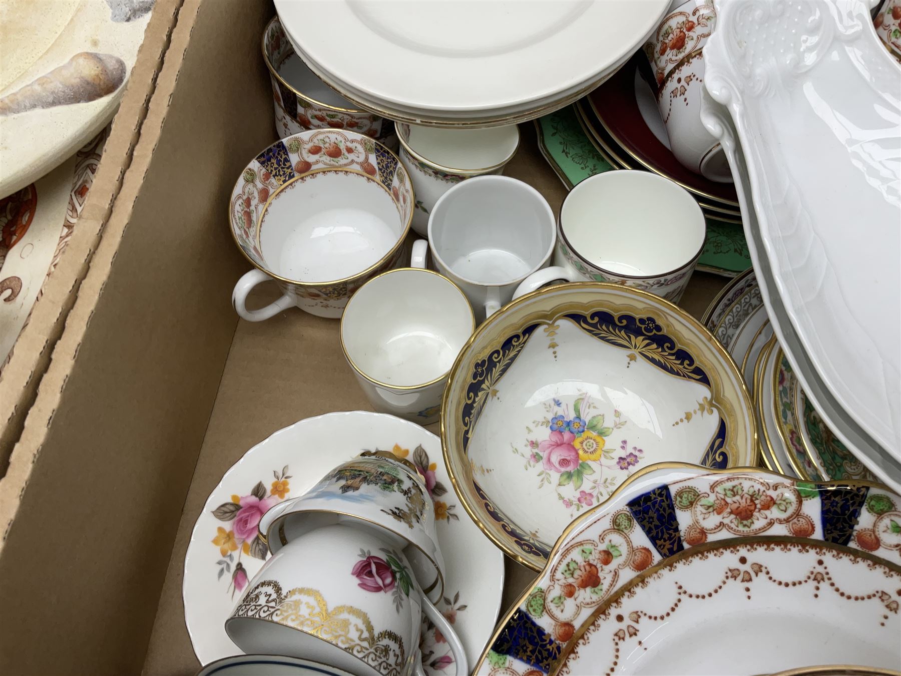 Four large meat platters, Royal Worcester Bunnykins mug and a large collection of other ceramics, including vases, dinner plates, teawares, etc, in five boxes 