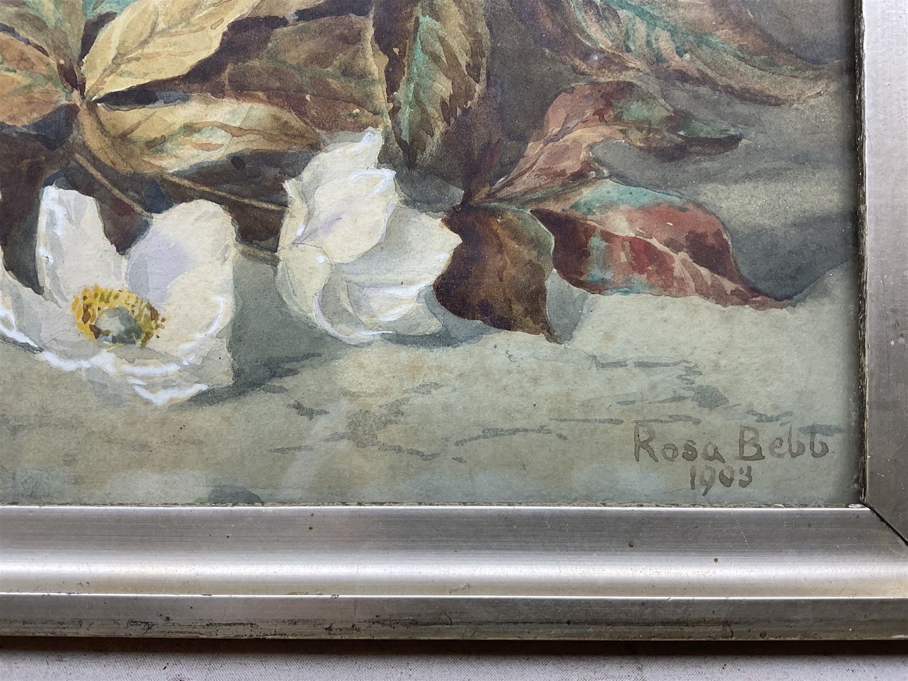 Minnie Rosa Bebb (British 1857-1945): Still Life of White Flowers, watercolour signed and dated 1903 18cm x 52cm 