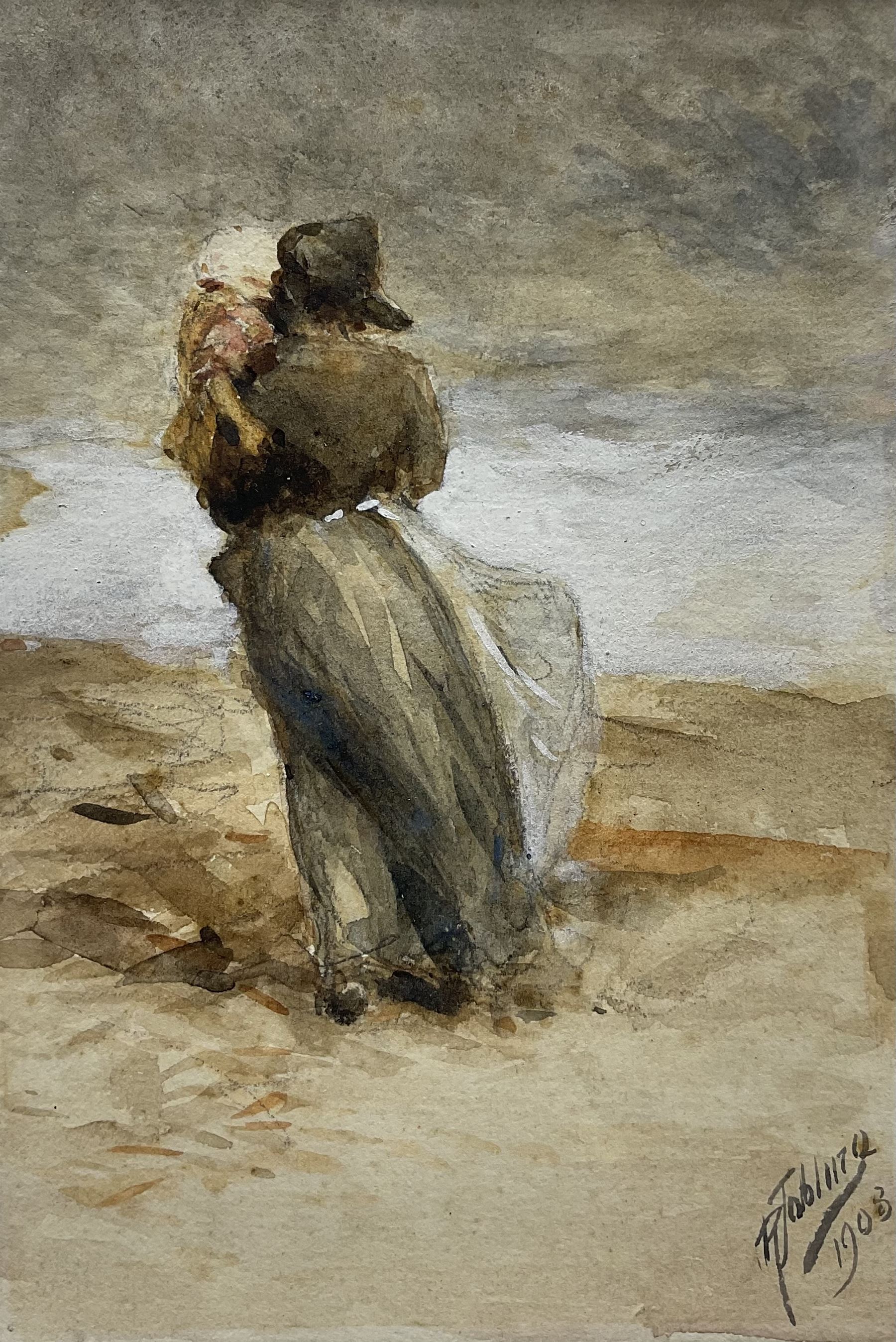 Robert Jobling (Staithes Group 1841-1923): Looking Out to Sea - Staithes Fisherwoman and Daughter, watercolour signed and dated 1908, 15cm x 10cm (mounted)