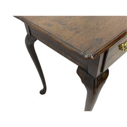 George III oak low-boy, moulded rectangular top with shaped corners, fitted with single drawer, shaped brass handle plates and escutcheon, on cabriole supports 