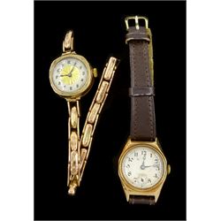 Early 20th century gold manual wind wristwatch, on gold expanding strap, both 9ct and a 9ct gold manual wind wristwatch, on brown leather strap