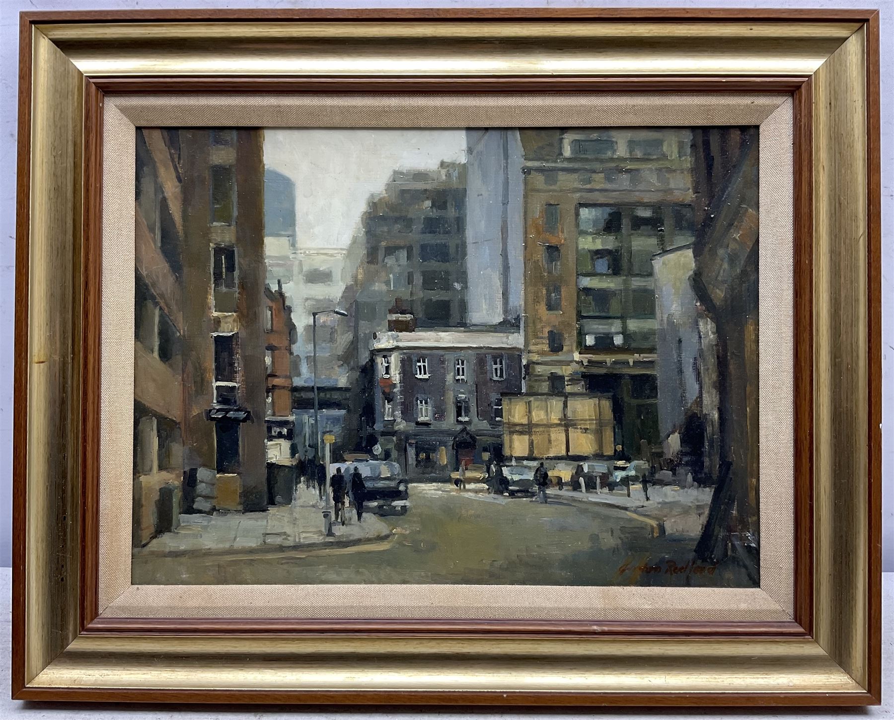 Gordon Radford (British 1936-2015): 'The Unicorn Pub - Looking Down Kelvin Street towards Church Street' Manchester, oil on board signed, titled verso 29cm x 40cm