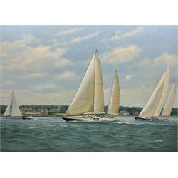 Brian Mays (British 1938-2005): Racing Yacht 'Charlatan' passing the British Yacht Squadron Building, oil on canvas, signed and titled verso 76cm x 107cm (unframed) 
Provenance: direct from the family of the artist