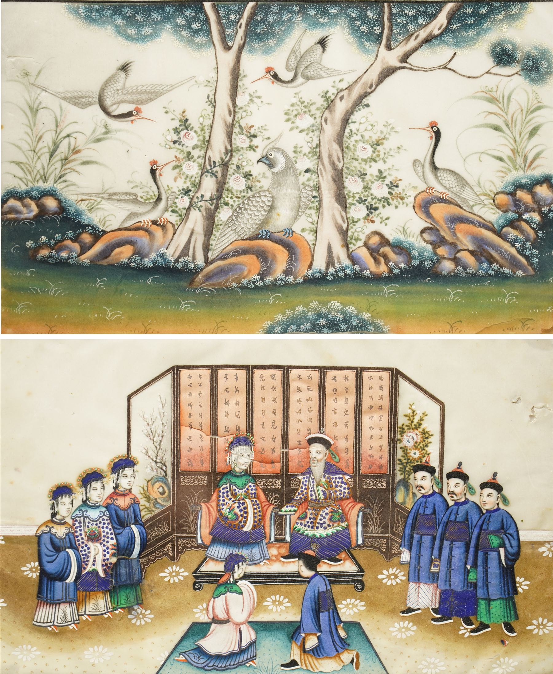 Chinese School (Qing Dynasty 19th century): Chinese Dignitary and Subjects and Birds in a Rocky Landscape, pair gouache and watercolour paintings on rice paper unsigned 20cm x 32cm (2)