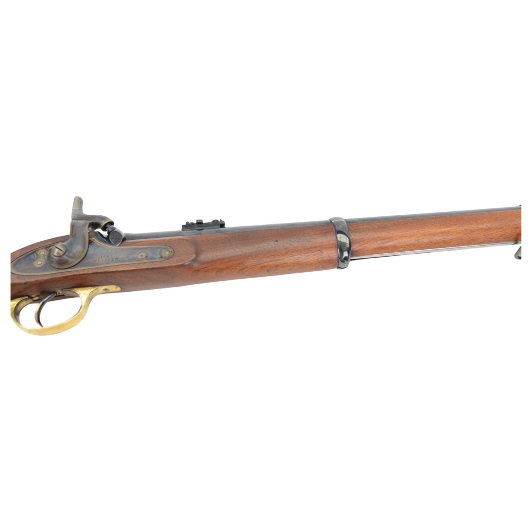 SECTION 1 FIREARMS CERTIFICATE REQUIRED -Parker Hale reproduction 1861 Enfield Musketoon,  the 60cm barrel marked Parker-Hale Ltd, Birmingham England, secured by two bands, the lock plate marked Enfield 1861, with crowned PH, full stock with ramrod under, overall L102cm, serial no. 2410 