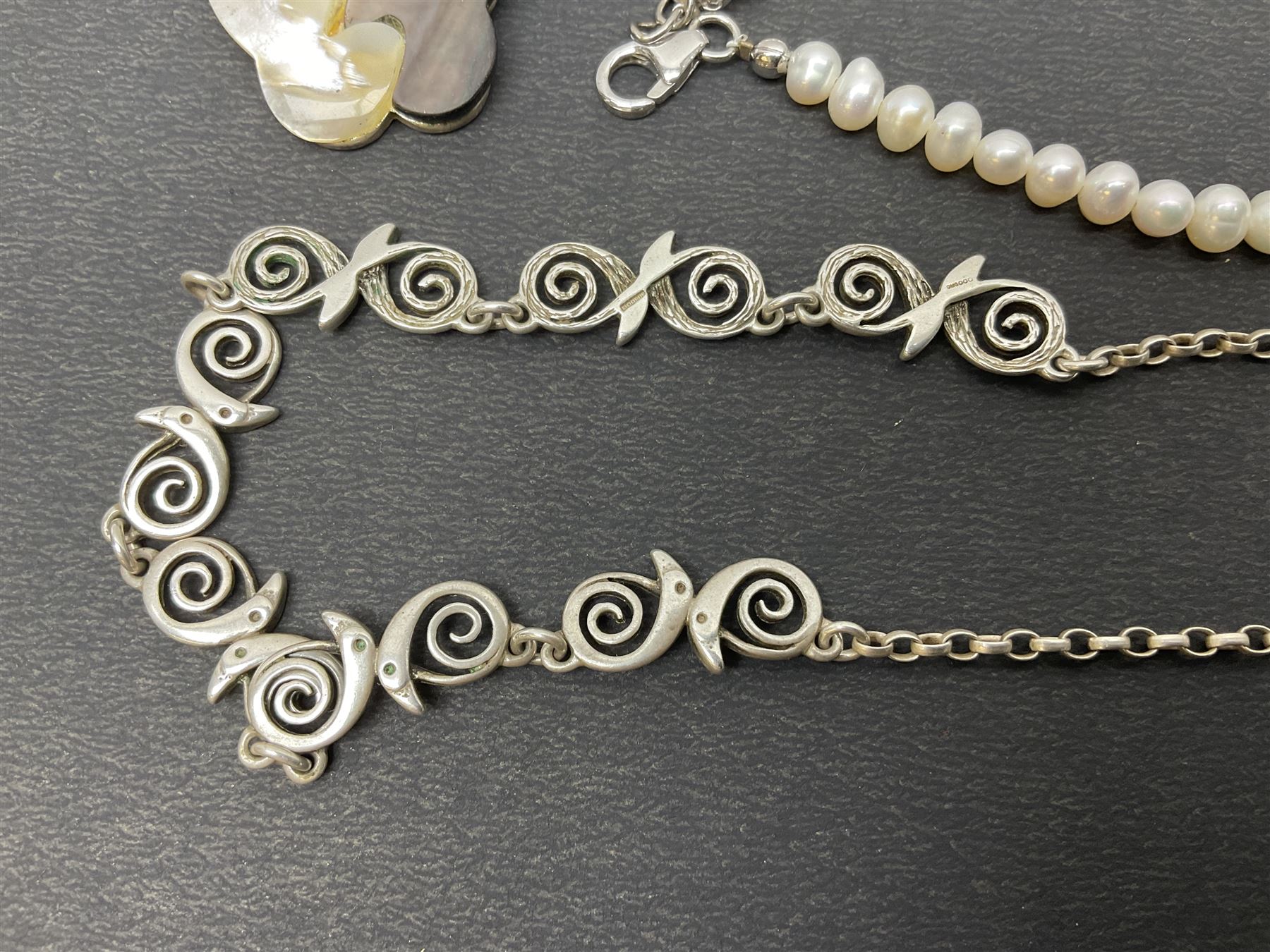 Ola Gorie silver spiral design necklace, hallmarked, together with a collection of beaded silver jewellery 