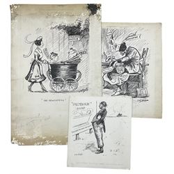 William O Norris (British 19th Century): Large folio of humorous pen and ink illustrations for Crittall Magazine and other original works to include various advertisement drafts for Eastern National and Marconis Wireless Telegraph Company, mostly dated '25, and a photograph of the artist at work, max 36cm x 46cm 