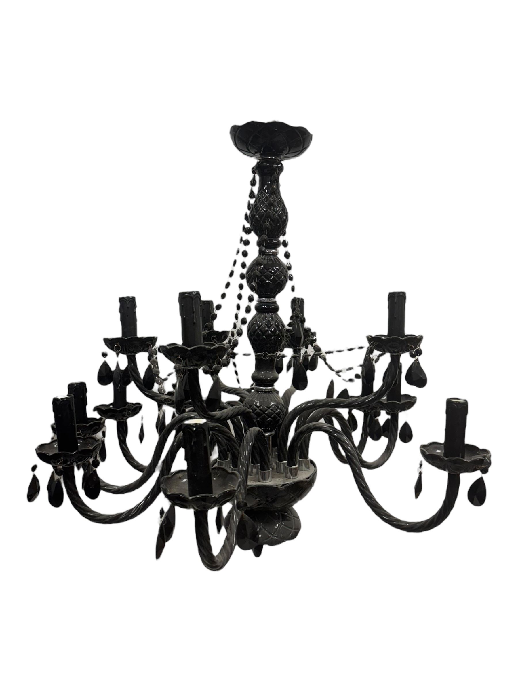 Two classical black glass fourteen branch chandeliers