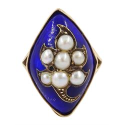 19th / early 20th century 9ct gold marquise shaped ring, the central flower design split pearl  decoration, with blue enamel surround