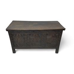 18th century oak blanket box, moulded and chip carved hinged lid, lunette carved cresting ...