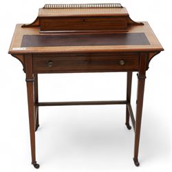 Edwardian inlaid mahogany writing desk, raised correspondence compartment over leather inset top, fitted with single drawer, on square tapering supports with brass and ceramic castors 