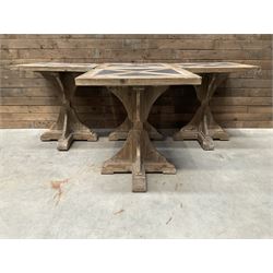 4 x Rustic square restaurant bistro table, parquetry top, X shaped base