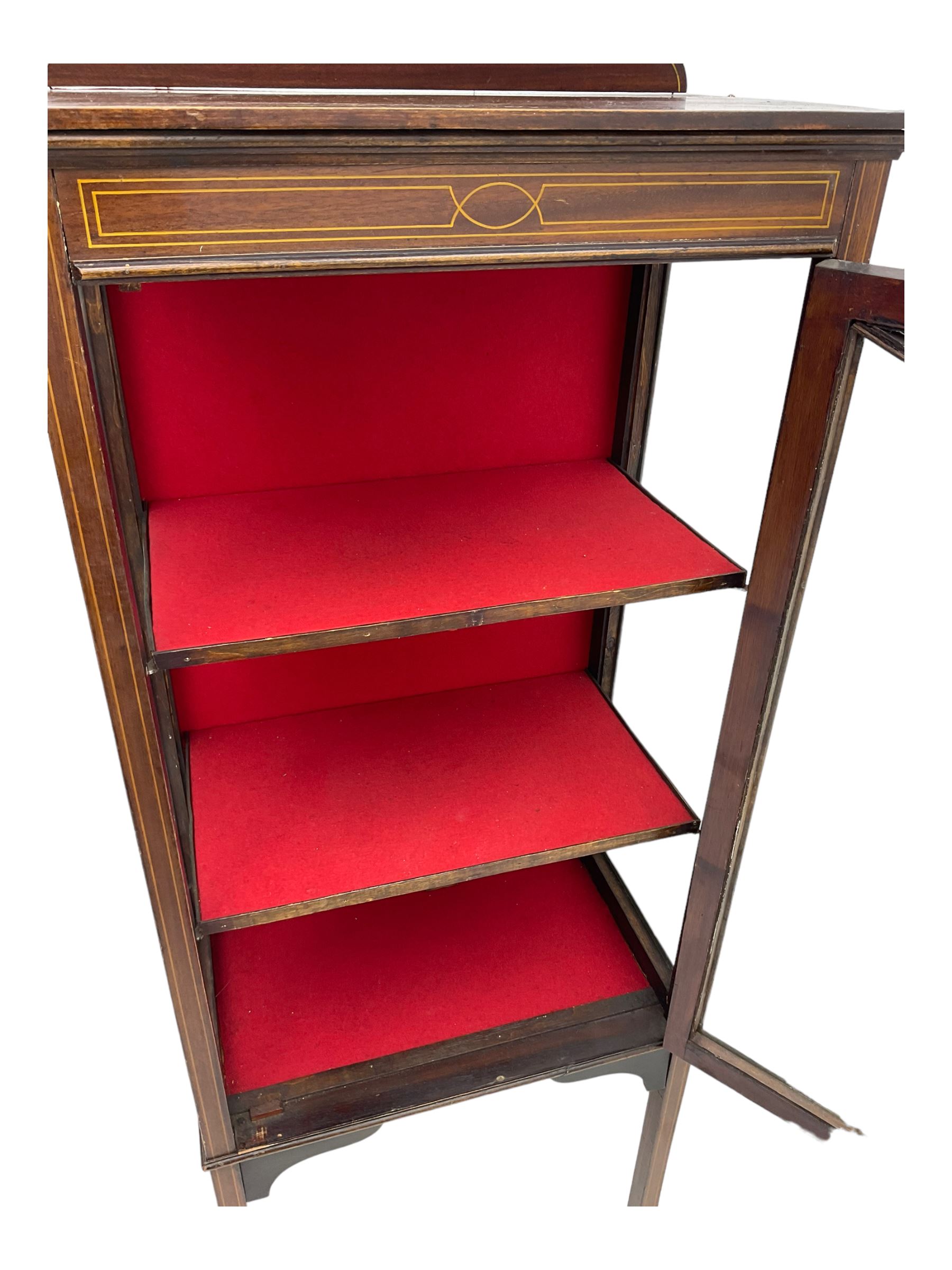 Early 20th century mahogany display cabinet, projecting moulded cornice over inlaid frieze, single astragal glazed door opening to reveal three felt-lined shelves, raised on square tapering supports