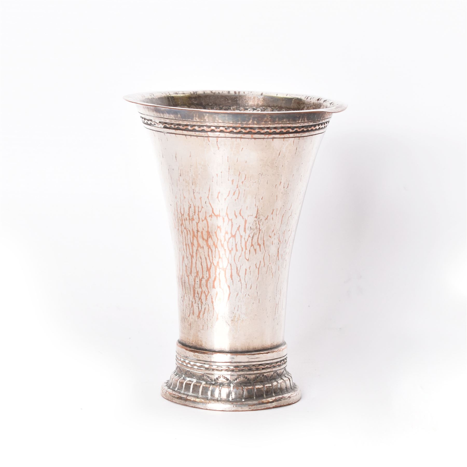 Keswick School of Industrial Arts, an Arts and Crafts plated copper vase, flared cylindrical form, stamped KSAI beneath, H14cm