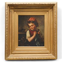 English School (19th century): Girl Knitting with Cat, oil on canvas indistinctly signed w...