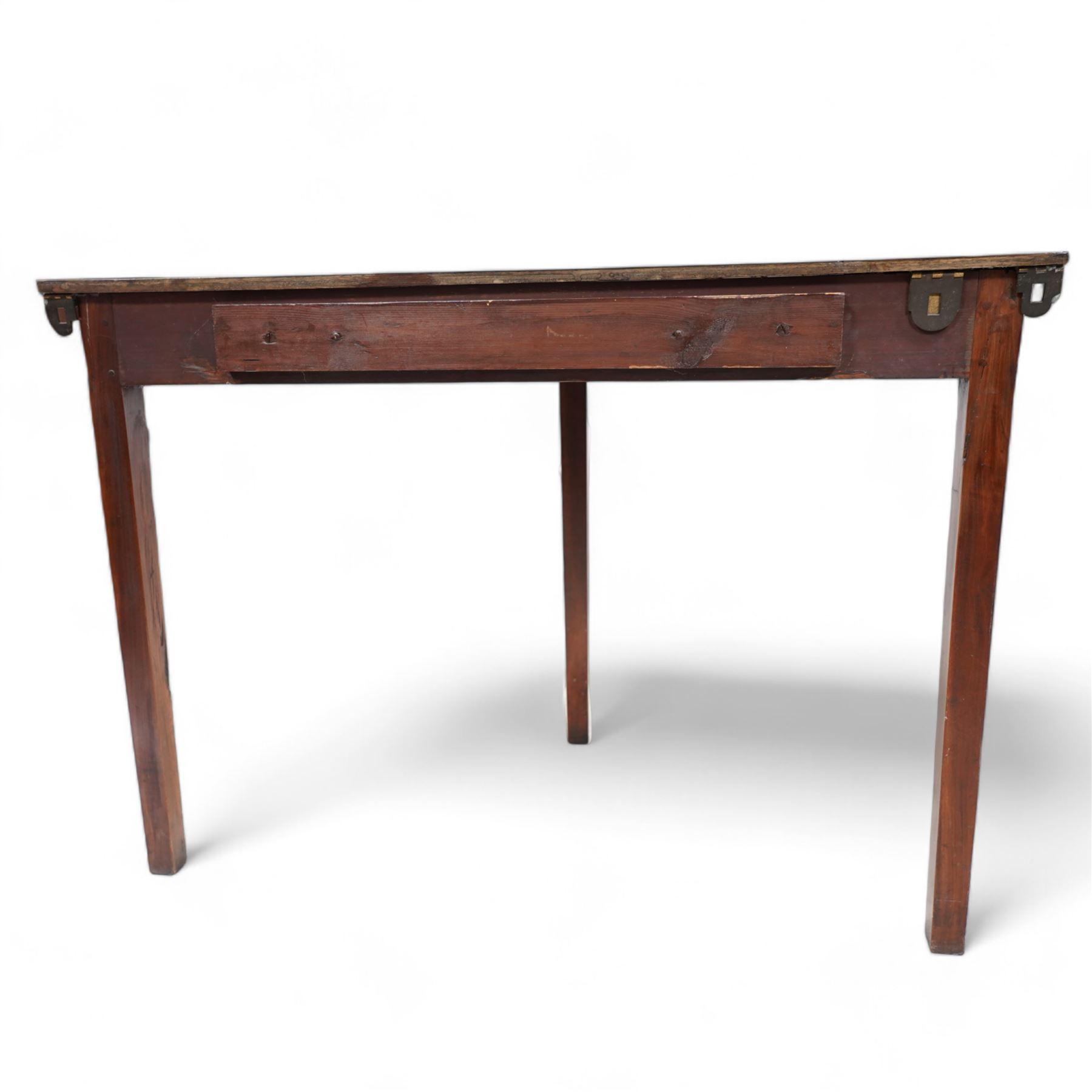 Pair of George III mahogany D-end or console tables, demi-lune top over banded and cross-banded frieze with satinwood stringing, raised on square tapering supports with ebony inlay (W103cm D52cm H73cm); together with another similar pair (W118cm D58cm H74cm)