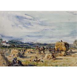 Rowland Henry Hill (Staithes Group 1873-1952): The Summer Harvest Field near Ellerby with Children in the Foreground, watercolour signed and dated 1927, 23.5cm x 32.5cm