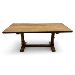 Rabbitman - oak dining table, rectangular adzed top, twin octagonal pillar supports on sle...