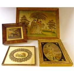  Georgian embroidered silk work picture of a Huntsman with Dog within verre eglomise mount & gilt frame and another depicting a family travelling with horse in landscape setting, 46cm x 32cm, lace edge framed doily embroidered with hunting scene and horse print within walnut frame (4)  