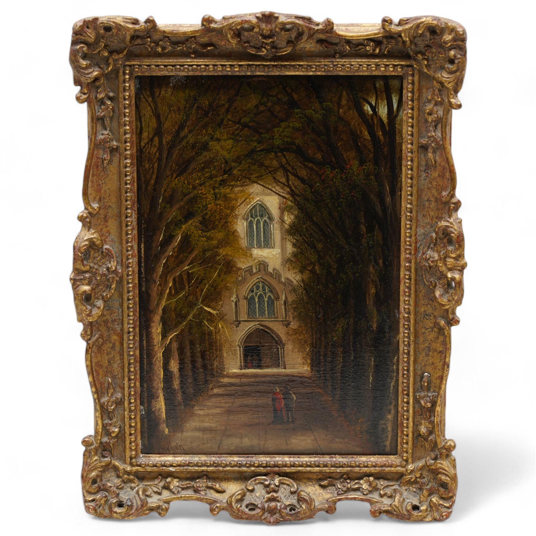 V Mag* (British 19th Century): 'Path Leading to the Church at Stratford-upon-Avon - Shakespeare's Resting Place', oil on panel indistinctly signed, inscribed on label verso 24cm x 16cm 