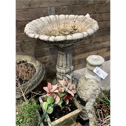 Cast stone circular urn, large bird bath, other urn, two square planters, two rectangular planters and bird bath (9)