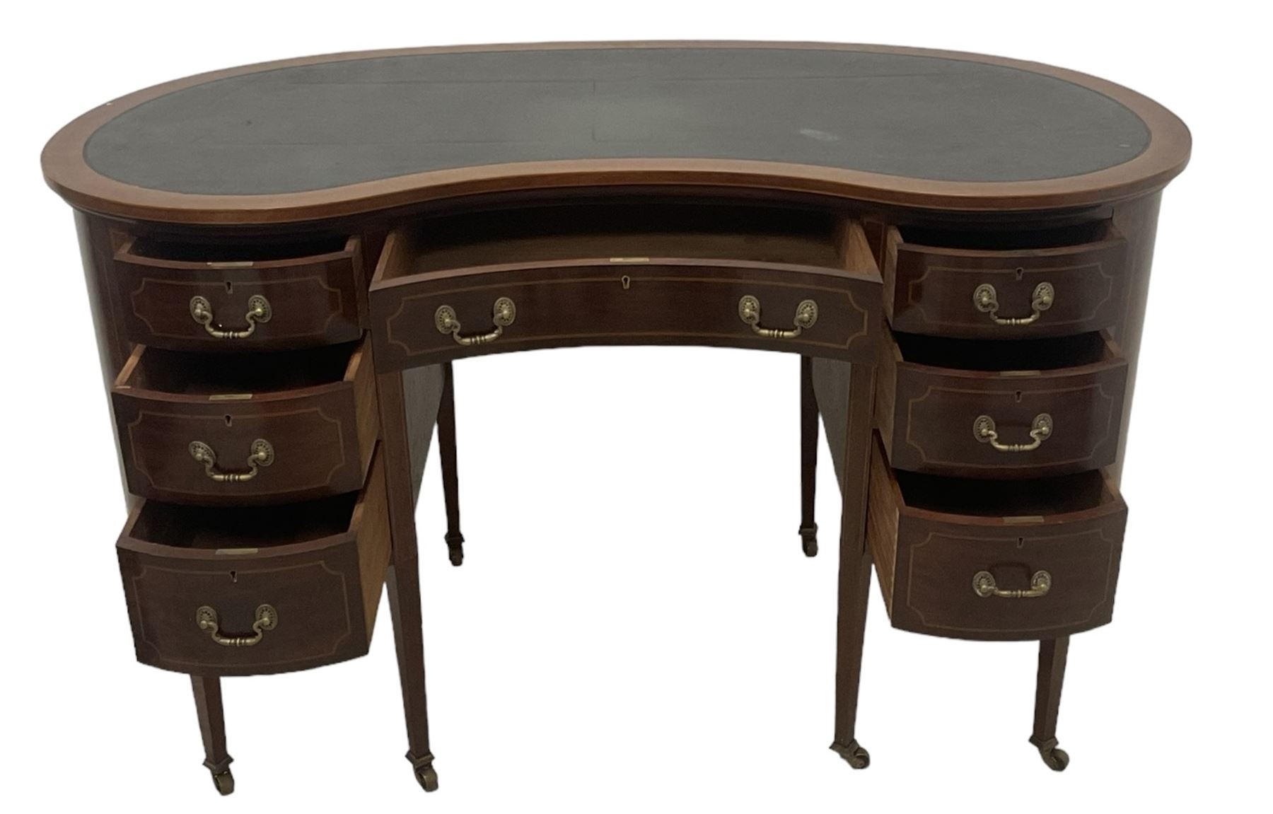 Georgian design mahogany kidney shaped desk, fitted with green leather writing surface, over single frieze drawer and six graduating drawers with checkered inlaid stringing, square tapering supports with castors