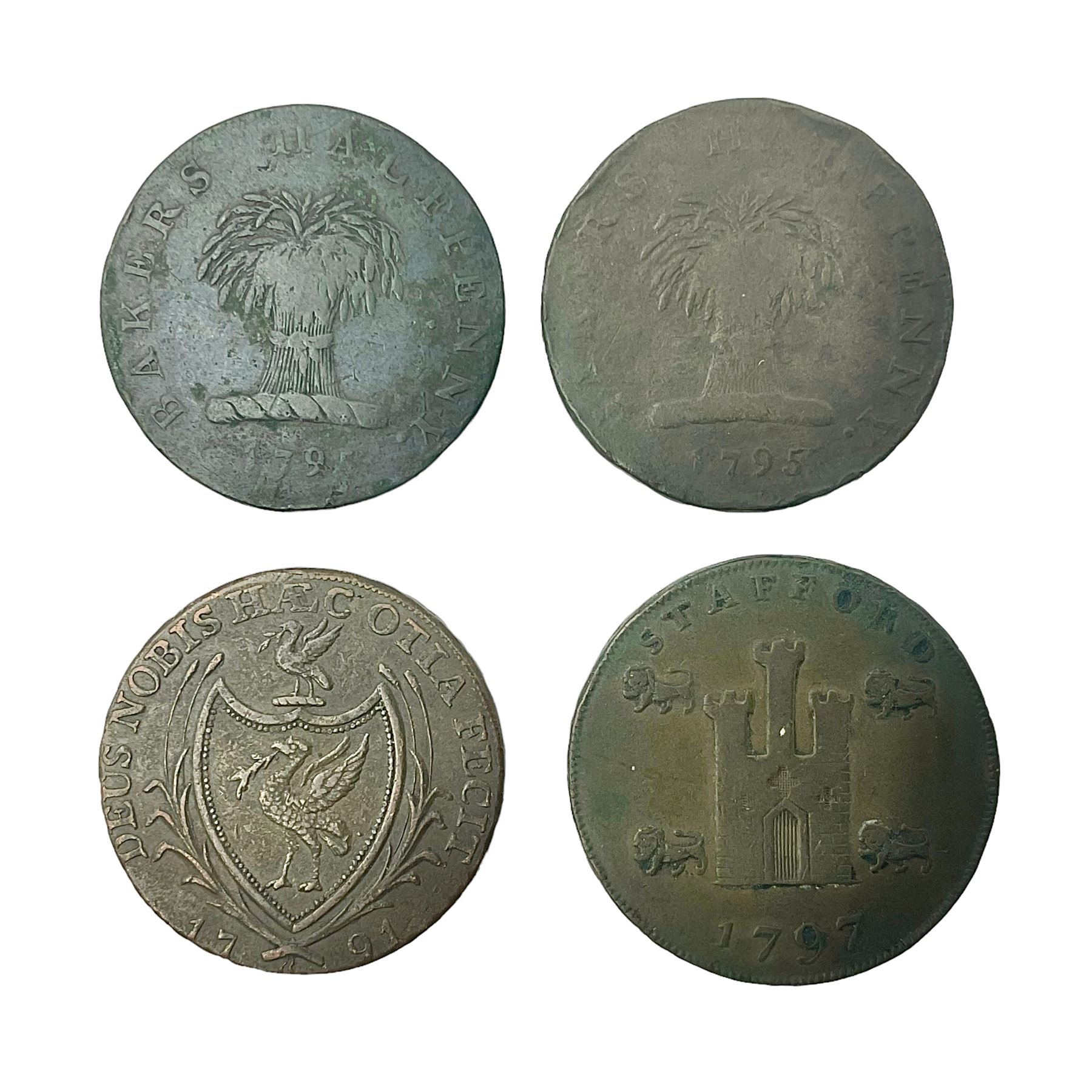 Four Georgian tokens comprising 1791 Liverpool Thomas Clarke Halfpenny, two 1795 Bakers Halfpennies and 1797 Stafford Halfpenny 