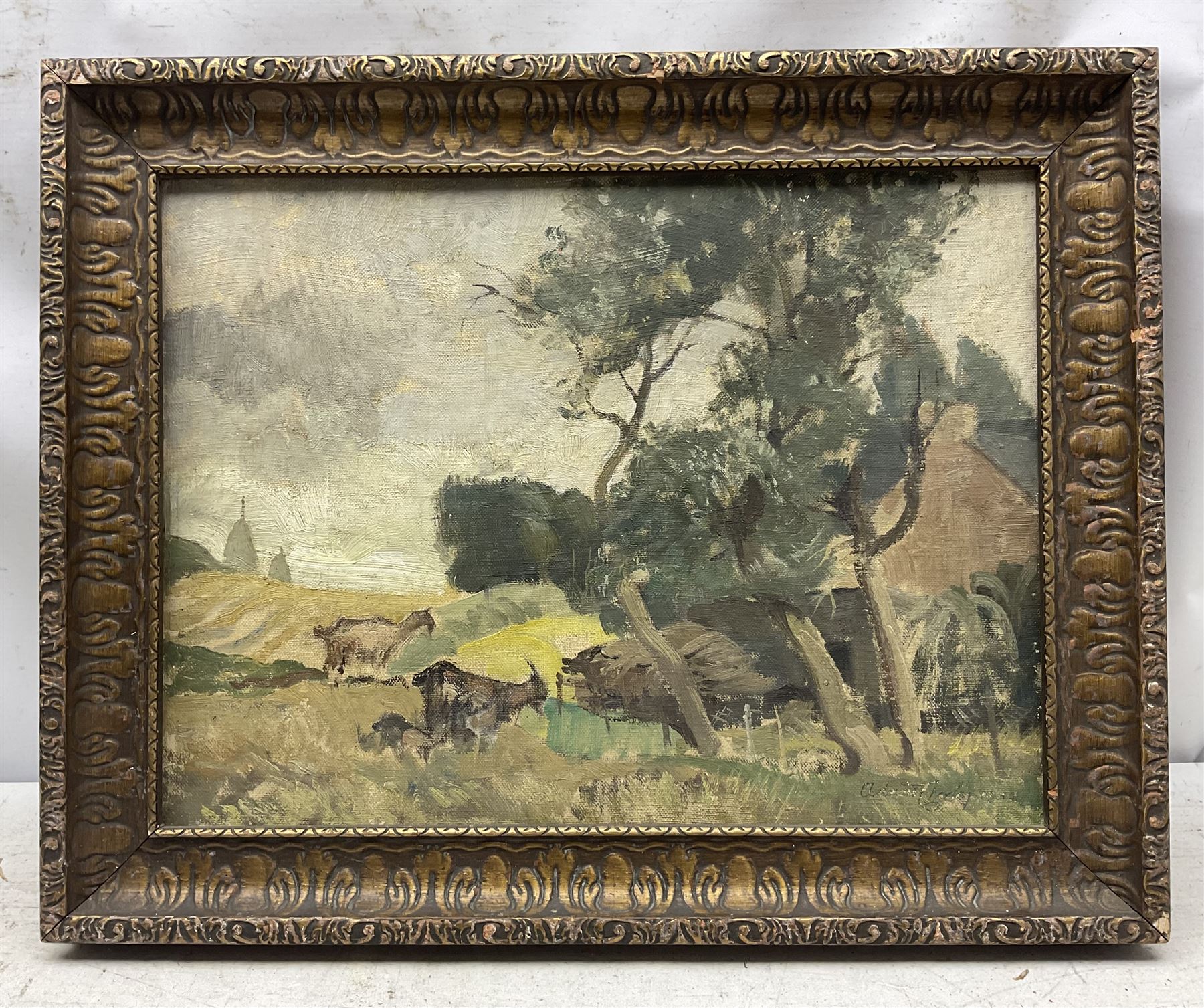 Adrian Chorley (British 1906-1983): 'Breton Landscape' Billy Goats Grazing, oil on board signed, artist's address label verso 29cm x 40cm