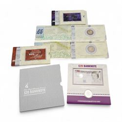 Three The Royal Mint and Bank of England coin and banknote sets, comprising Kentfield five pounds 'PW50' with 1998 five pound coin, Kentfield five pounds 'YR19' with 1999 five pound coin and Lowther twenty pounds 'YR20' with 2000 silver poof five pound coin, all in card folders