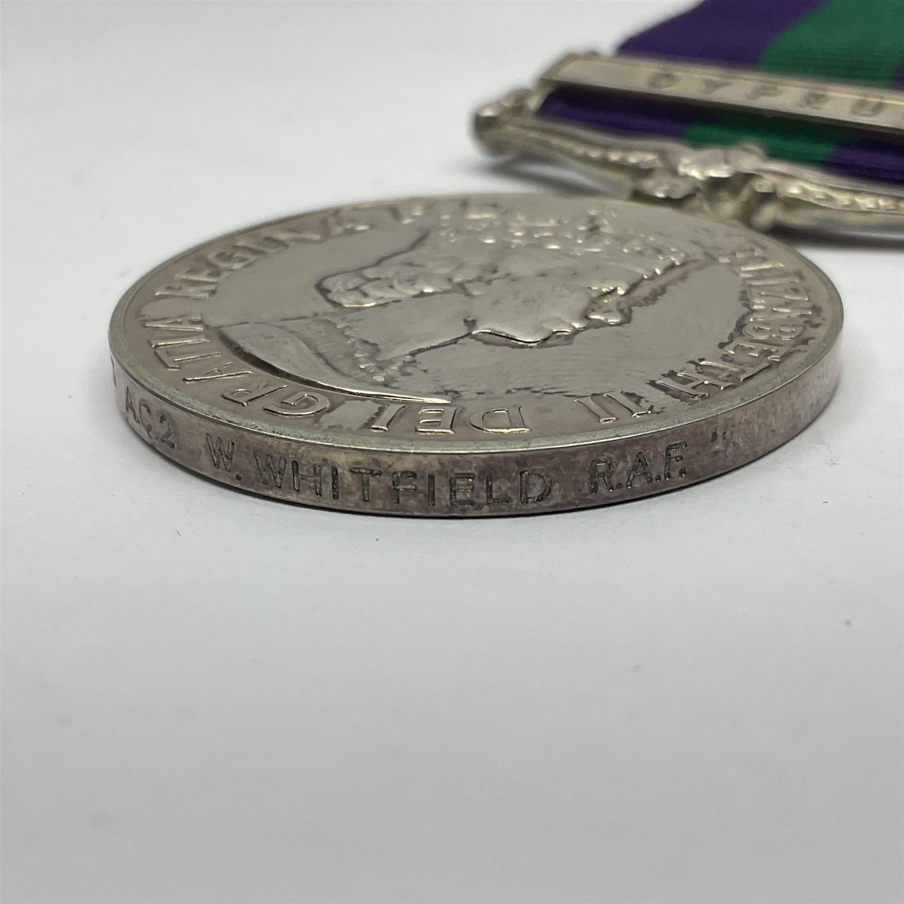 Elizabeth II General Service Medal with Cyprus clasp awarded to 5042223 A.C.2 W. Whitfield RAF; with ribbon