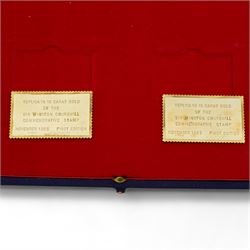 'Sir Winston Churchill Stamp Replicas' set of two hallmarked eighteen carat gold stamp replica ingots, total weight approximately 40.3 grams, cased with certificate and commemorative stamp cover