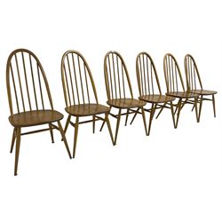 Ercol - light elm and beech set of ten (8+2) 'Quaker Windsor' dining chairs, high hoop and stick back over splayed supports united by H-stretcher, with foliate patterned crimson loose seat cushions