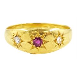 Victorian 22ct gold three stone gypsy set ruby and diamond ring, London 1865