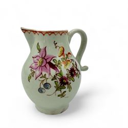 18th century Lowestoft porcelain sparrow beak jug, hand painted in polychrome enamels with a starflower and floral sprays, within line and loop brick-red border, H8cm