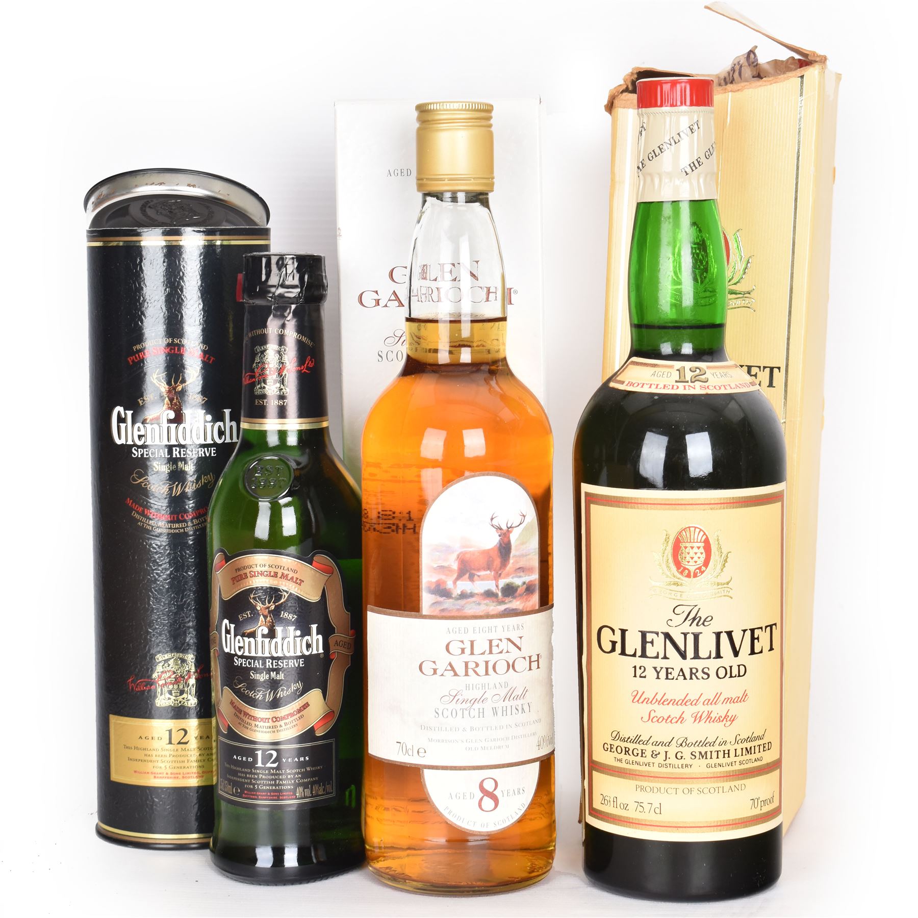 Three bottles of Scotch Whisky, including Glenlivet, 12 year old, Gen Garioch 8 year old and Glenfiddich 12 year old, various contents and proof 