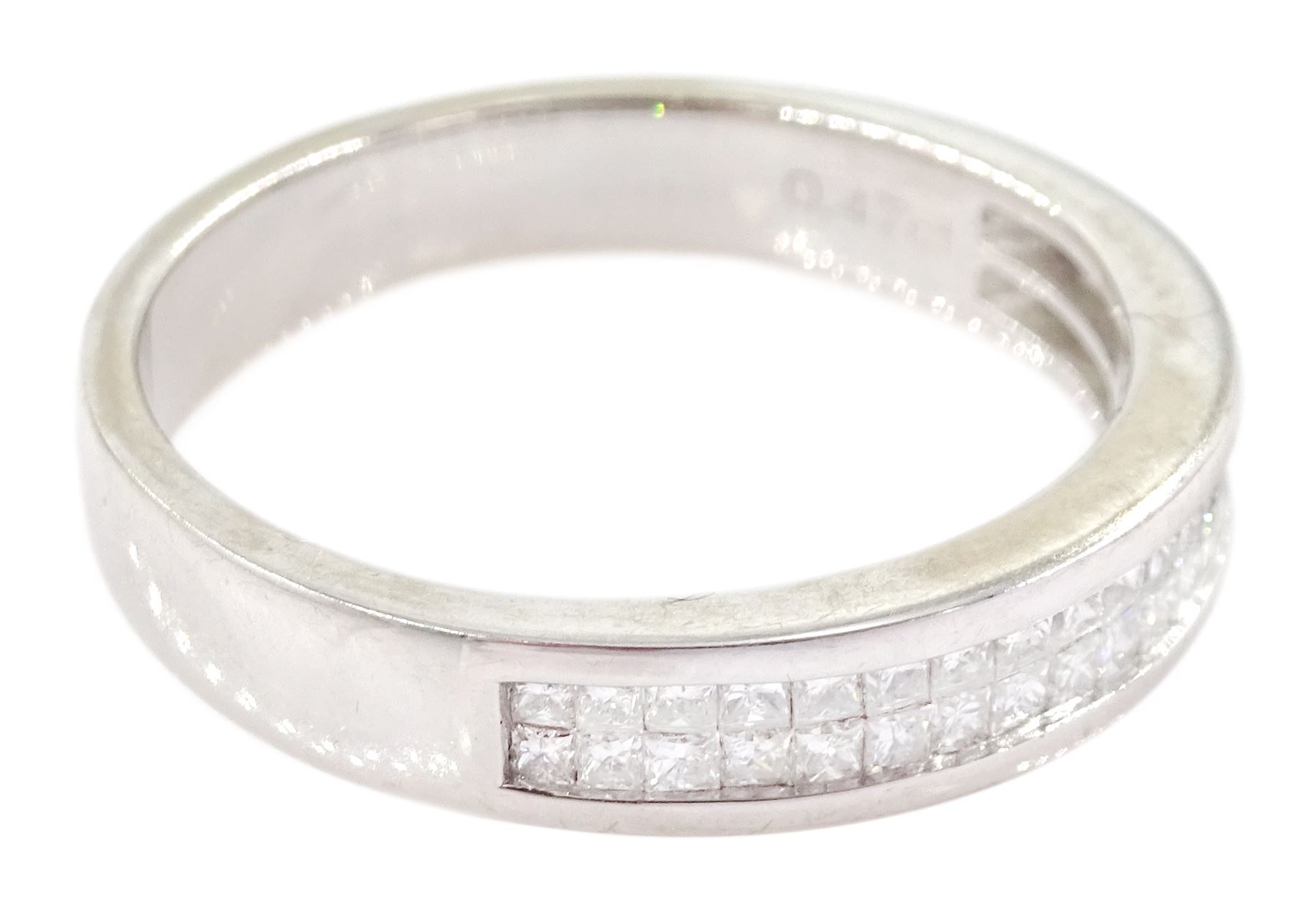 18ct white gold channel set, two row princess cut diamond half eternity ring, hallmarked, total diamond weight 0.47 carat