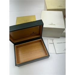 Collection of watch boxes, cases and pouches, predominantly Omega 