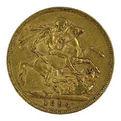 Queen Victoria 1894 gold full sovereign coin, Melbourne mint