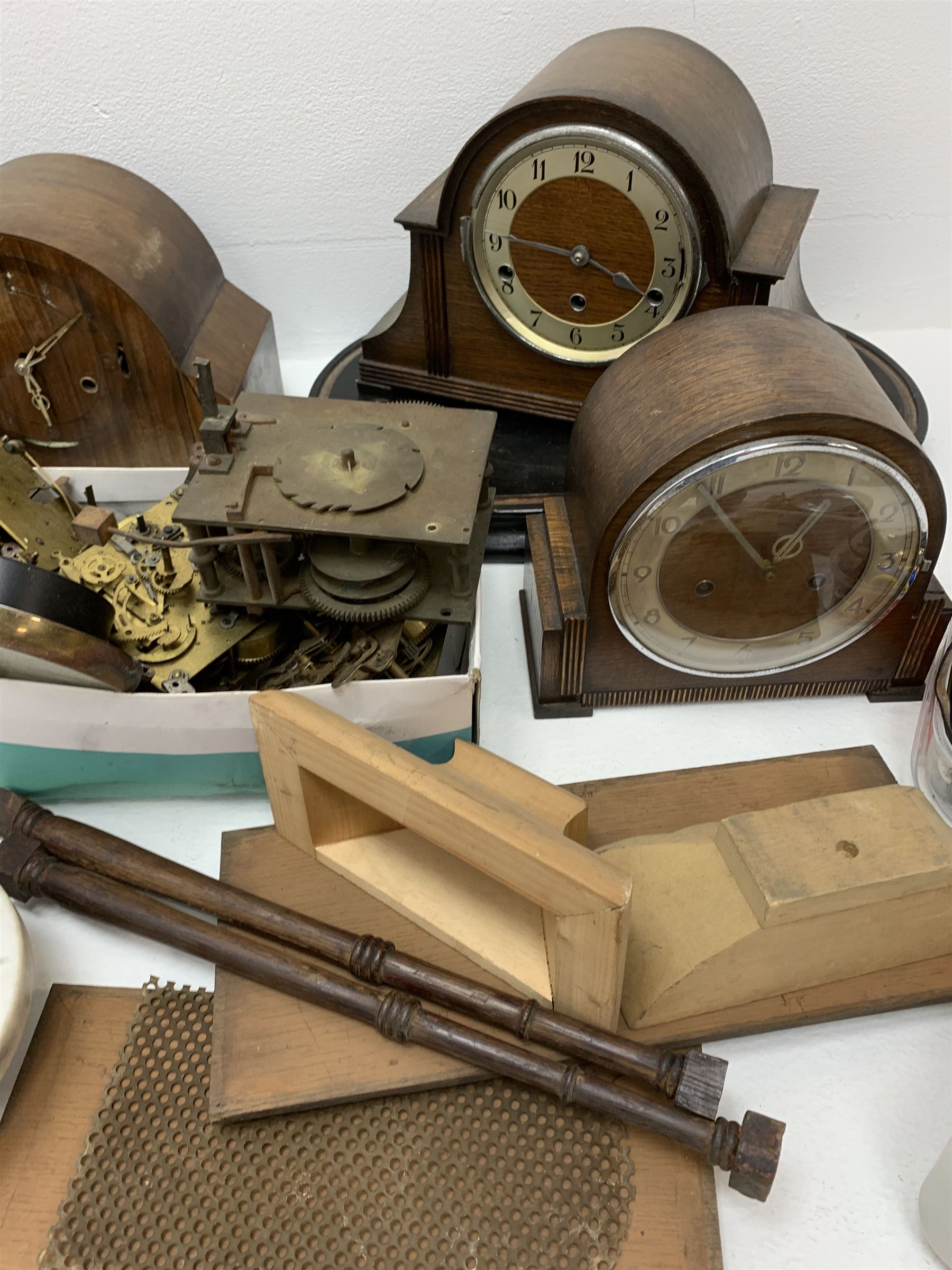 Collection of clock and watch parts - various cases some with movement, ebonised and marble plinths, various clock movements, clock dials, bezels, watches and watch parts etc... in two boxes