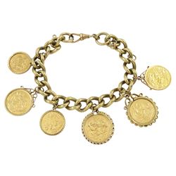 9ct gold curb link bracelet, with three loose mounted gold full sovereigns dated 1890, 189...