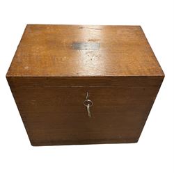 Wooden canteen chest, with brass handles and velvet interior 