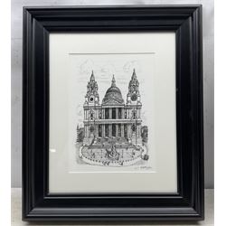 Stephen Wiltshire (British 1974-): 'St Pauls Cathedral' and 'View of Edinburgh from Calton Hill', two framed prints max 37cm x 27cm (2)